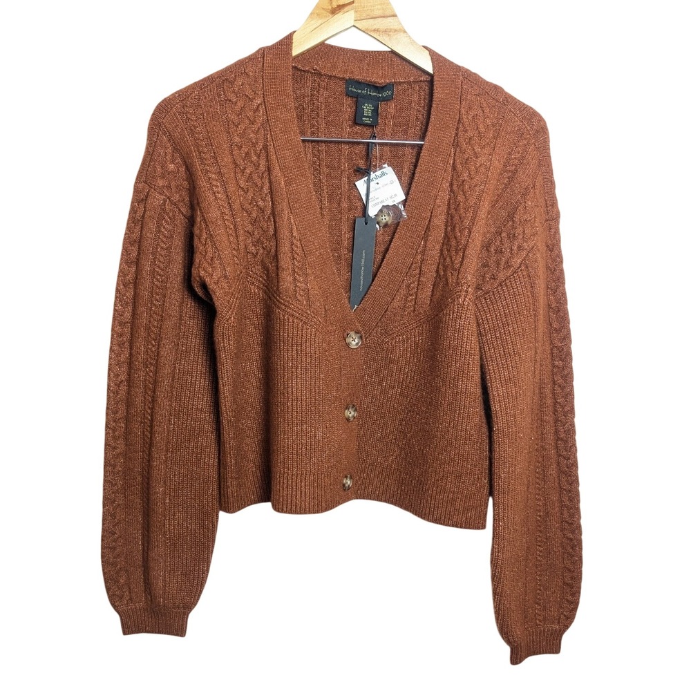 House of Harlow 1960 Women Cinnamon Brown Cable Knit Cropped Cardigan Sweater M